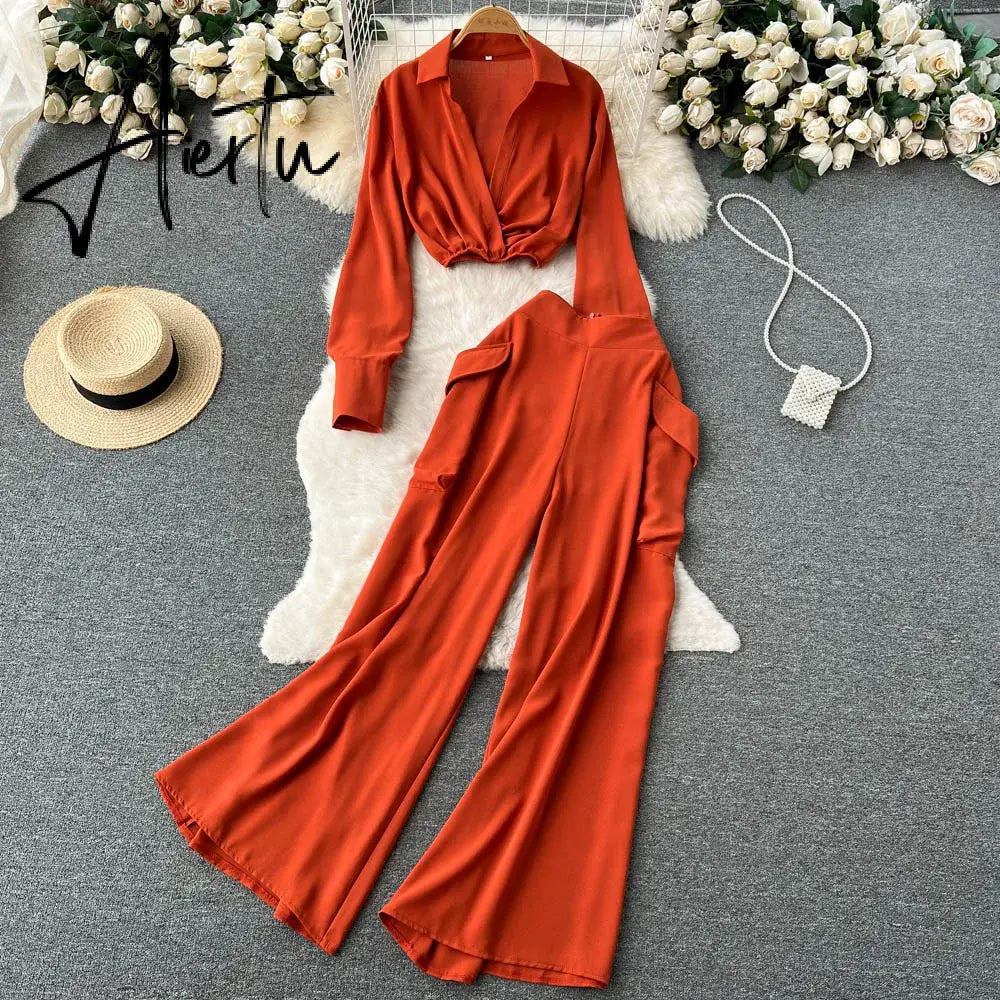 Aiertu Spring Fashion OL Two Pieces Suits Lapel Neck Blouse+Pocket Wide Leg Long Pant Women Streetwear Retro Casual Sets Aiertu