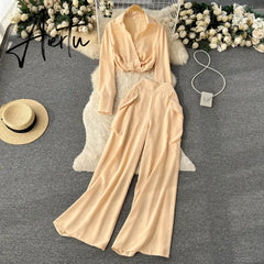 Aiertu Spring Fashion OL Two Pieces Suits Lapel Neck Blouse+Pocket Wide Leg Long Pant Women Streetwear Retro Casual Sets Aiertu