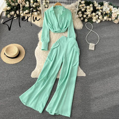 Aiertu Spring Fashion OL Two Pieces Suits Lapel Neck Blouse+Pocket Wide Leg Long Pant Women Streetwear Retro Casual Sets Aiertu