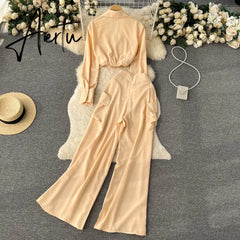 Aiertu Spring Fashion OL Two Pieces Suits Lapel Neck Blouse+Pocket Wide Leg Long Pant Women Streetwear Retro Casual Sets Aiertu