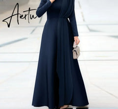 Aiertu Spring Fashion Solid Sundress Women Casual Long Sleeve O Neck Kaftan Elegant Party Hijab Dress Islamic Clothing Robe Aiertu