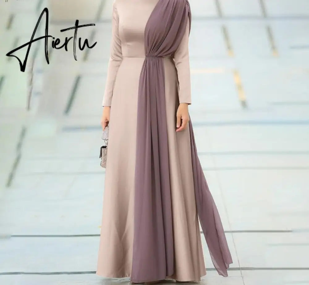 Aiertu Spring Fashion Solid Sundress Women Casual Long Sleeve O Neck Kaftan Elegant Party Hijab Dress Islamic Clothing Robe Aiertu
