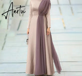 Aiertu Spring Fashion Solid Sundress Women Casual Long Sleeve O Neck Kaftan Elegant Party Hijab Dress Islamic Clothing Robe Aiertu
