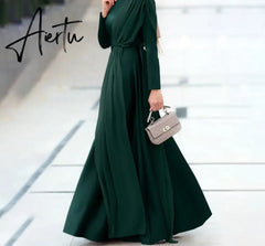 Aiertu Spring Fashion Solid Sundress Women Casual Long Sleeve O Neck Kaftan Elegant Party Hijab Dress Islamic Clothing Robe Aiertu
