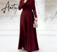 Aiertu Spring Fashion Solid Sundress Women Casual Long Sleeve O Neck Kaftan Elegant Party Hijab Dress Islamic Clothing Robe Aiertu
