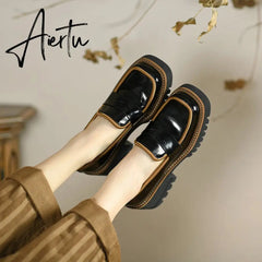 Aiertu Spring Genuine Leather Slip-On Platform Shoes Ins Casual Loafers Square Toe Chunky Heel Women Shoes Zapatos De Mujer Pumps Aiertu