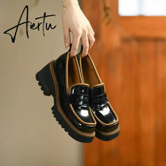 Aiertu Spring Genuine Leather Slip-On Platform Shoes Ins Casual Loafers Square Toe Chunky Heel Women Shoes Zapatos De Mujer Pumps Aiertu