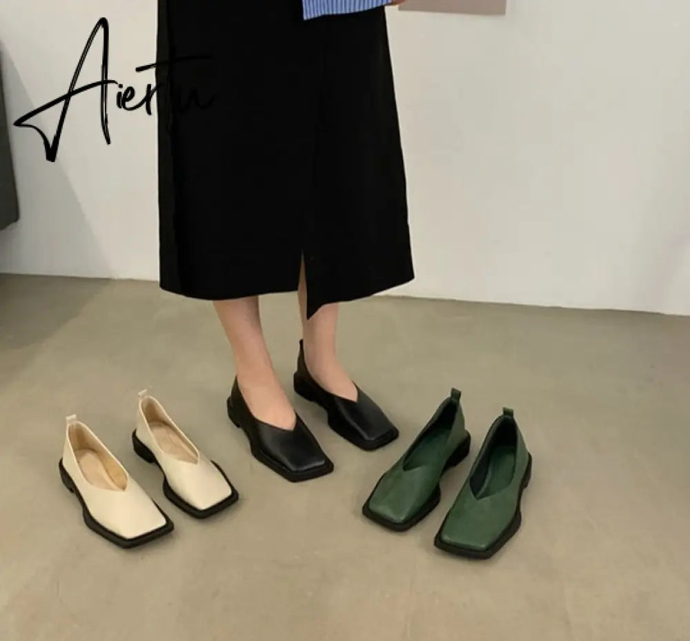 Aiertu Spring New Flat Shoes Square Toe Square Toe Shallow Mouth Slip on Loafers Ladies Casual Shoes Zapatos Size35-43 Aiertu
