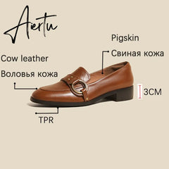 Aiertu Spring New Genuine Leather Women Shoes Fashion Retro Slip-On Loafers Shoes Square Toe Shoes Woman Zapatos De Mujer Flats Aiertu