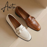 Aiertu Spring New Genuine Leather Women Shoes Fashion Retro Slip-On Loafers Shoes Square Toe Shoes Woman Zapatos De Mujer Flats Aiertu