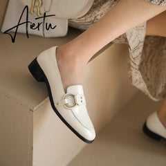 Aiertu Spring New Genuine Leather Women Shoes Fashion Retro Slip-On Loafers Shoes Square Toe Shoes Woman Zapatos De Mujer Flats Aiertu