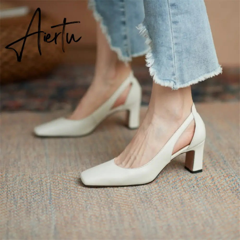 Aiertu Spring New Women Shoes Cow Leather Square Toe Chunky Heel High(6.5cm) women pumps Aiertu