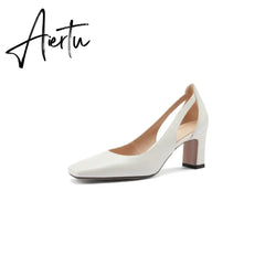 Aiertu Spring New Women Shoes Cow Leather Square Toe Chunky Heel High(6.5cm) women pumps Aiertu