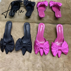 Aiertu Spring Pointed Toe Stiletto Heel Kitten Heels Bow Heel-Free Slippers for Women Aiertu