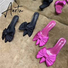 Aiertu Spring Pointed Toe Stiletto Heel Kitten Heels Bow Heel-Free Slippers for Women Aiertu