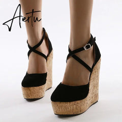 Aiertu Spring Sexy Mary Janes Wedges Platforms Pumps Woman Fetish Heel Round Toe Stripper Buckle Strap Party Wedding Shoes Aiertu