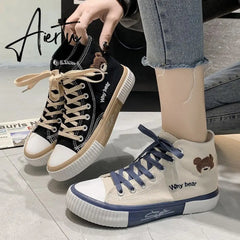 Aiertu Spring Summer Fashion New Bear Women Canvas Shoes High-top Canvas Shoes Lace Up Casual Sneakers Female Off White Shoes Aiertu
