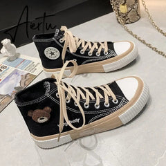 Aiertu Spring Summer Fashion New Bear Women Canvas Shoes High-top Canvas Shoes Lace Up Casual Sneakers Female Off White Shoes Aiertu
