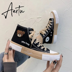 Aiertu Spring Summer Fashion New Bear Women Canvas Shoes High-top Canvas Shoes Lace Up Casual Sneakers Female Off White Shoes Aiertu