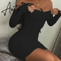 Aiertu Spring Summer Fashion Solid Party Sexy Slim Dresses Women Elegant Long Sleeve Ruched Club Dress Mini Tight Strapless Aiertu