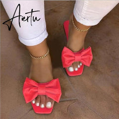 Aiertu Spring/summer new outdoor flat leather bow non-slip beach lady slippers casual all-match fashion women sandals Aiertu