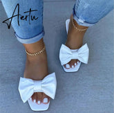 Aiertu Spring/summer new outdoor flat leather bow non-slip beach lady slippers casual all-match fashion women sandals Aiertu