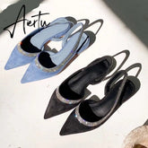 Aiertu Spring Summmer Slingback Sandals Women Slip On Mule Shoes Fashion Bling Crystal Brand Shallow Elegant Mules Slides Shoes Aiertu