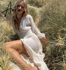 Aiertu Spring Women Boho Dress French Style Romance V Neck Single-breasted Long Sleeve Maxi Dress Bohemian Holiday Clothes Aiertu