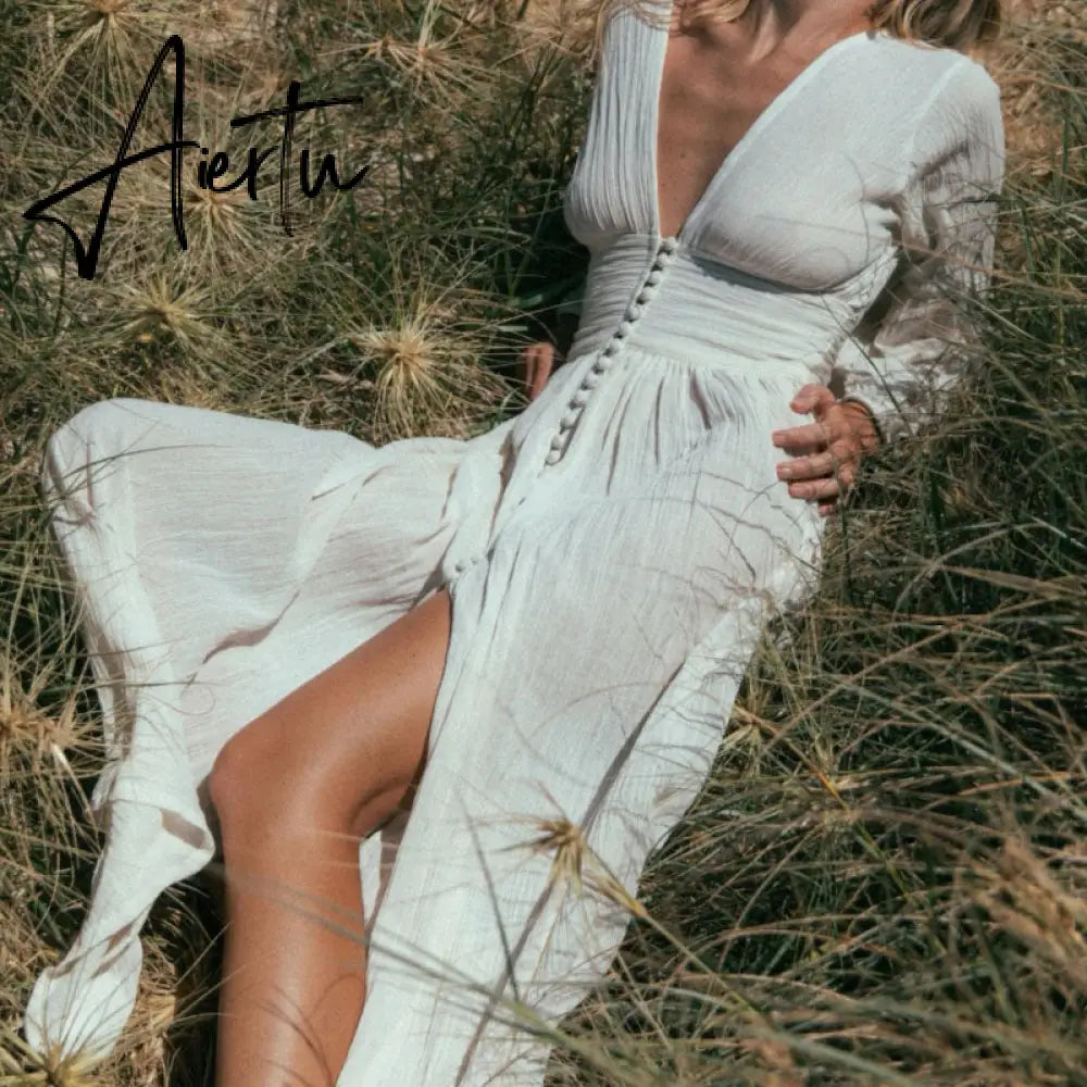 Aiertu Spring Women Boho Dress French Style Romance V Neck Single-breasted Long Sleeve Maxi Dress Bohemian Holiday Clothes Aiertu