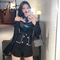 Aiertu Spring Women Fashion Off Shoulder Crop Tops Blusas Bling Beading Black Shirts Stand Collar Sexy Short Blouses Aiertu