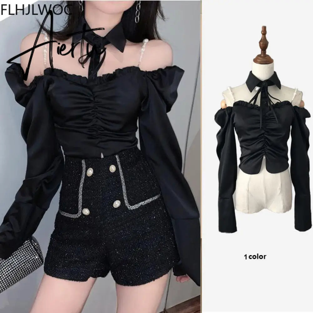 Aiertu Spring Women Fashion Off Shoulder Crop Tops Blusas Bling Beading Black Shirts Stand Collar Sexy Short Blouses Aiertu