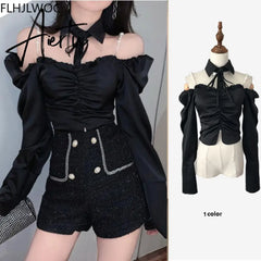 Aiertu Spring Women Fashion Off Shoulder Crop Tops Blusas Bling Beading Black Shirts Stand Collar Sexy Short Blouses Aiertu