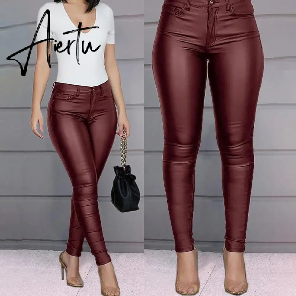 Aiertu Spring Women Pu Leather Pants Black Sexy Stretch Bodycon Trousers High Waist Long Casual Pencil S-3XL Winter Aiertu