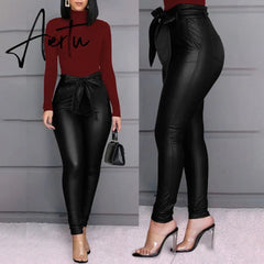 Aiertu Spring Women Pu Leather Pants Black Sexy Stretch Bodycon Trousers High Waist Long Casual Pencil S-3XL Winter Aiertu