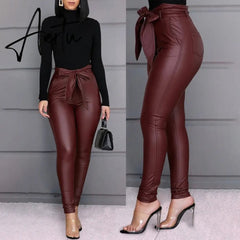 Aiertu Spring Women Pu Leather Pants Black Sexy Stretch Bodycon Trousers High Waist Long Casual Pencil S-3XL Winter Aiertu