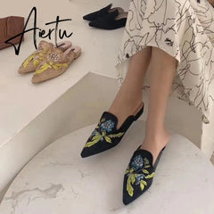 Aiertu Spring Women Slipper Embroidery Flower Sandal Shoes Slip On Pointed Toe Mules Low Heel Casual Slides Big Size 41 Aiertu