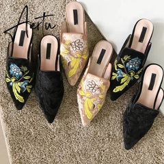 Aiertu Spring Women Slipper Embroidery Flower Sandal Shoes Slip On Pointed Toe Mules Low Heel Casual Slides Big Size 41 Aiertu