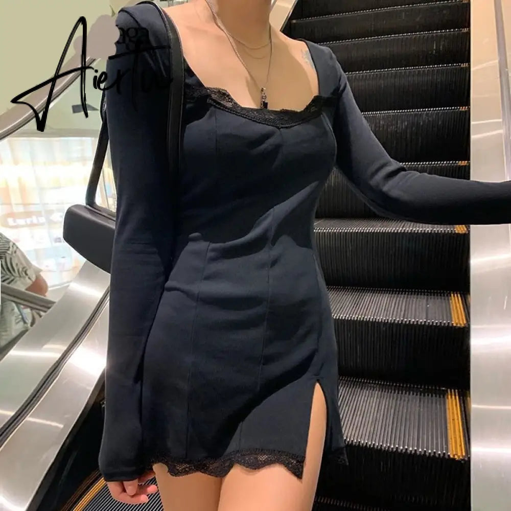 Aiertu Square Neck Lace Patchwork Bodycon Black Dress Women Elegant Cotton Fashion Side Split Autumn Dress Mini Ladies Basic Aiertu