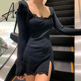 Aiertu Square Neck Lace Patchwork Bodycon Black Dress Women Elegant Cotton Fashion Side Split Autumn Dress Mini Ladies Basic Aiertu