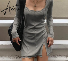 Aiertu Square Neck Lace Patchwork Bodycon Black Dress Women Elegant Cotton Fashion Side Split Autumn Dress Mini Ladies Basic Aiertu