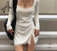 Aiertu Square Neck Lace Patchwork Bodycon Black Dress Women Elegant Cotton Fashion Side Split Autumn Dress Mini Ladies Basic Aiertu