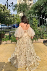Aiertu Star Lace Appliques Prom Dresses A-line Tulle Elegant Puffy Sleeves Floor-Length Aiertu