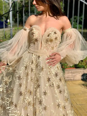 Aiertu Star Lace Appliques Prom Dresses A-line Tulle Elegant Puffy Sleeves Floor-Length Aiertu