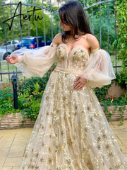 Aiertu Star Lace Appliques Prom Dresses A-line Tulle Elegant Puffy Sleeves Floor-Length Aiertu