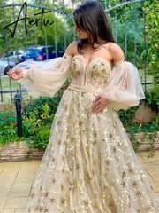 Aiertu Star Lace Appliques Prom Dresses A-line Tulle Elegant Puffy Sleeves Floor-Length Aiertu