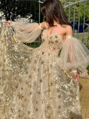 Aiertu Star Lace Appliques Prom Dresses A-line Tulle Elegant Puffy Sleeves Floor-Length Aiertu