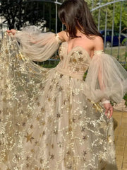 Aiertu Star Lace Appliques Prom Dresses A-line Tulle Elegant Puffy Sleeves Floor-Length Aiertu
