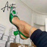 Aiertu Star style Green Blue Soft PVC Women Sandals Fashion Crystal Heeled Slingbacks Summer Shoes High heels Wedding Bride Shoes Aiertu
