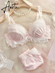 Aiertu Steel ring push up bra set pure desire wind big cup girl underwear embroidery lace large size lingerie with panties set Aiertu