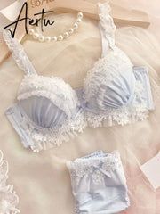 Aiertu Steel ring push up bra set pure desire wind big cup girl underwear embroidery lace large size lingerie with panties set Aiertu